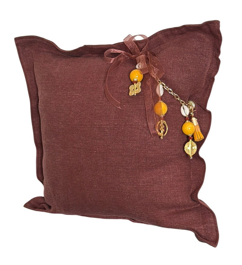 Coussin en lin lourd cacao prune MIYA avec pampille artisanale Marrakech No.52