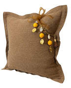Caramel heavyweight linen throw pillow with yellow African bead tassel – MARRAKECH No.78 by MIYA