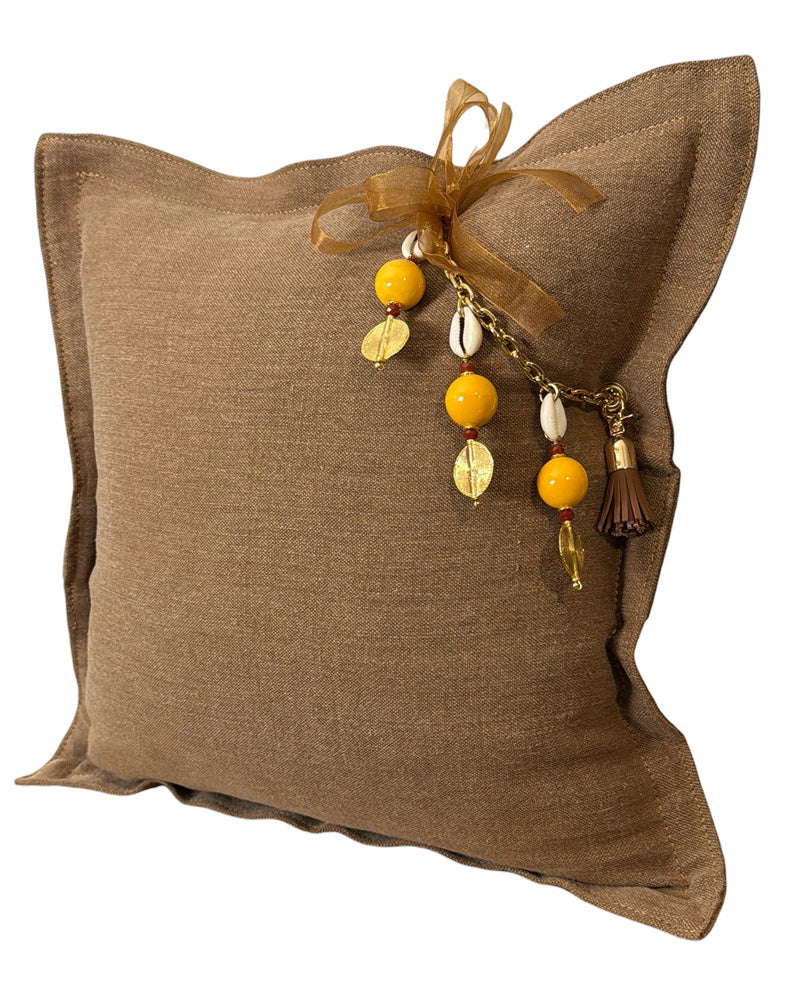 Caramel heavyweight linen throw pillow with yellow African bead tassel – MARRAKECH No.78 by MIYA