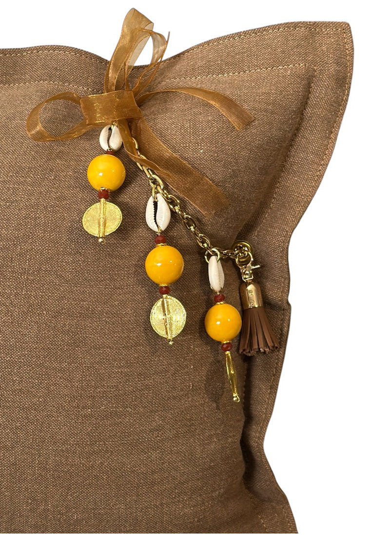 Yellow African bead tassel with Ashanti weights and cowrie shells – MARRAKECH No.78 by MIYA