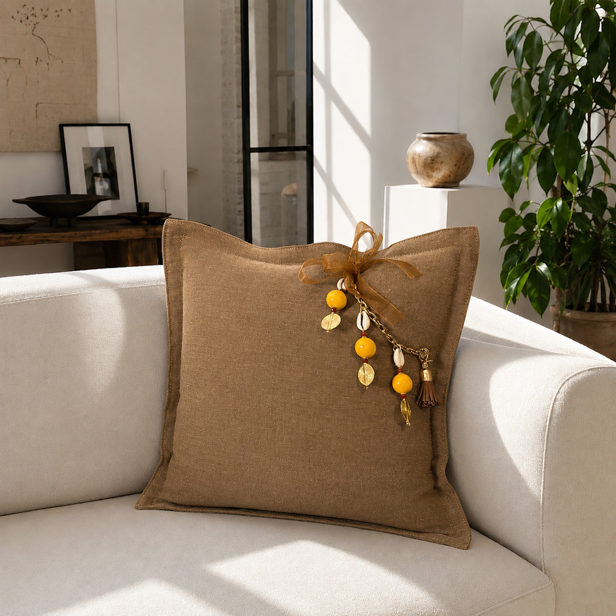 Caramel heavyweight linen throw pillow with yellow African bead tassel – MARRAKECH No.78 LIFESTYLE by MIYA