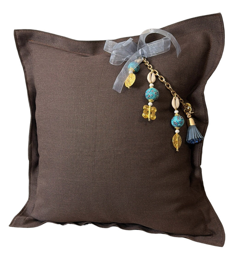 Chocolate heavyweight linen throw pillow with turquoise African bead tassel – MARRAKECH No.77 by MIYA