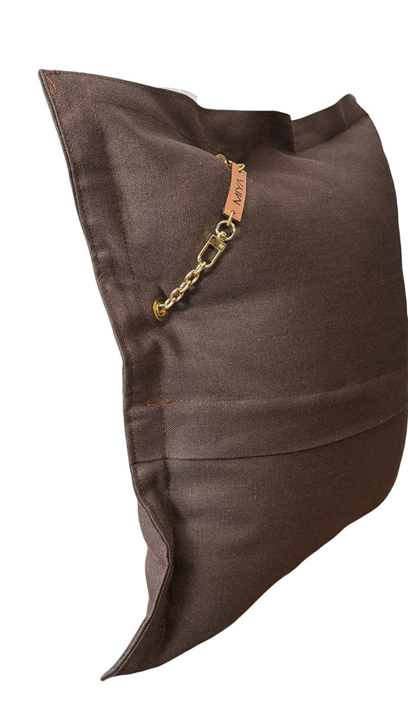 Back of chocolate heavyweight linen throw pillow with envelope closure – MARRAKECH No.77 by MIYA