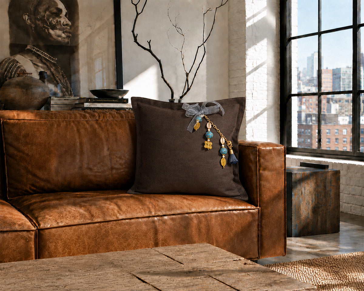 Chocolate heavyweight linen throw pillow with turquoise African bead tassel – MARRAKECH No.77 LIFESTYLE by MIYA
