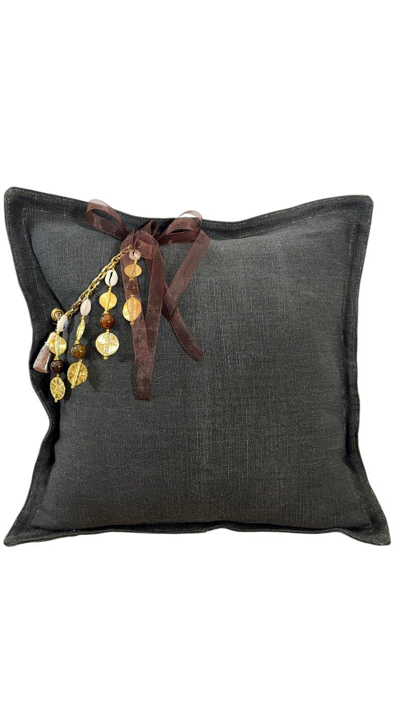 Coussin en lin lourd gris 50x50 cm – Bohème chic | BALI No 21 - MIYA