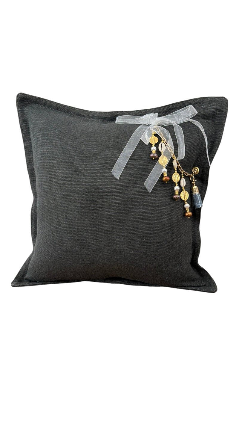 Coussin en lin lourd gris 50x50 cm – Bohème chic | BALI No 11 - MIYA