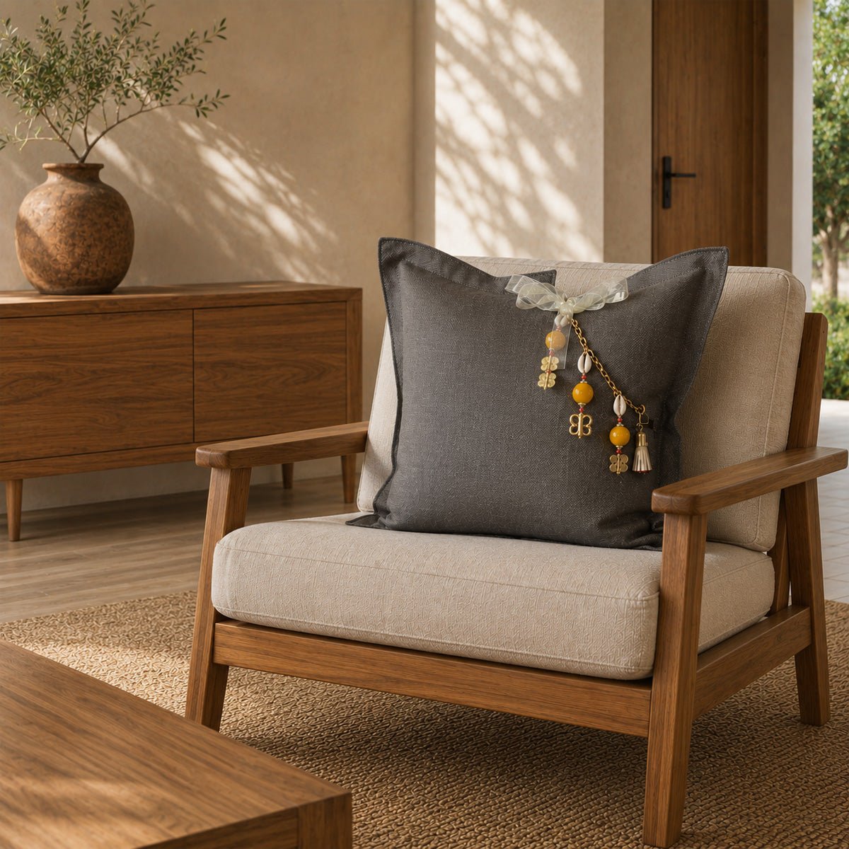 Coussin en lin lourd gris BALI No.69 avec signature MIYA et perles safran posé sur un sofa en teck
