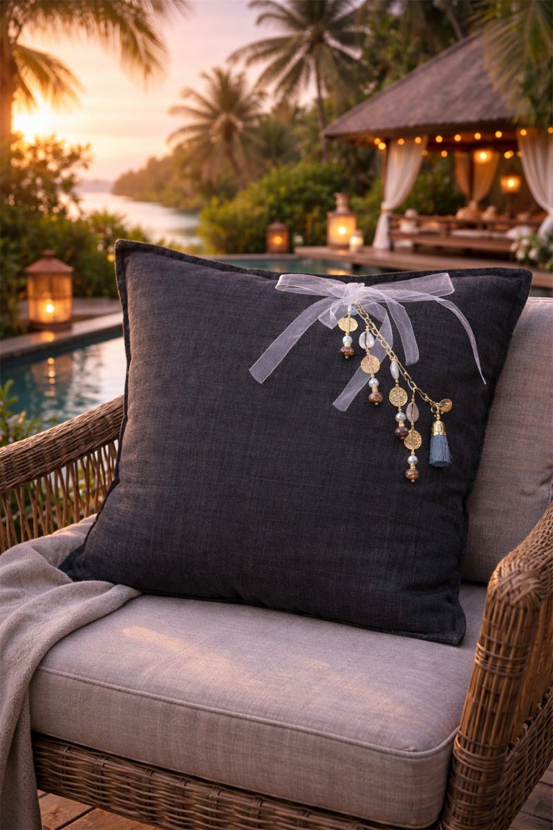 Coussin en lin lourd gris 50x50 cm – Bohème chic | BALI No 11 - MIYA