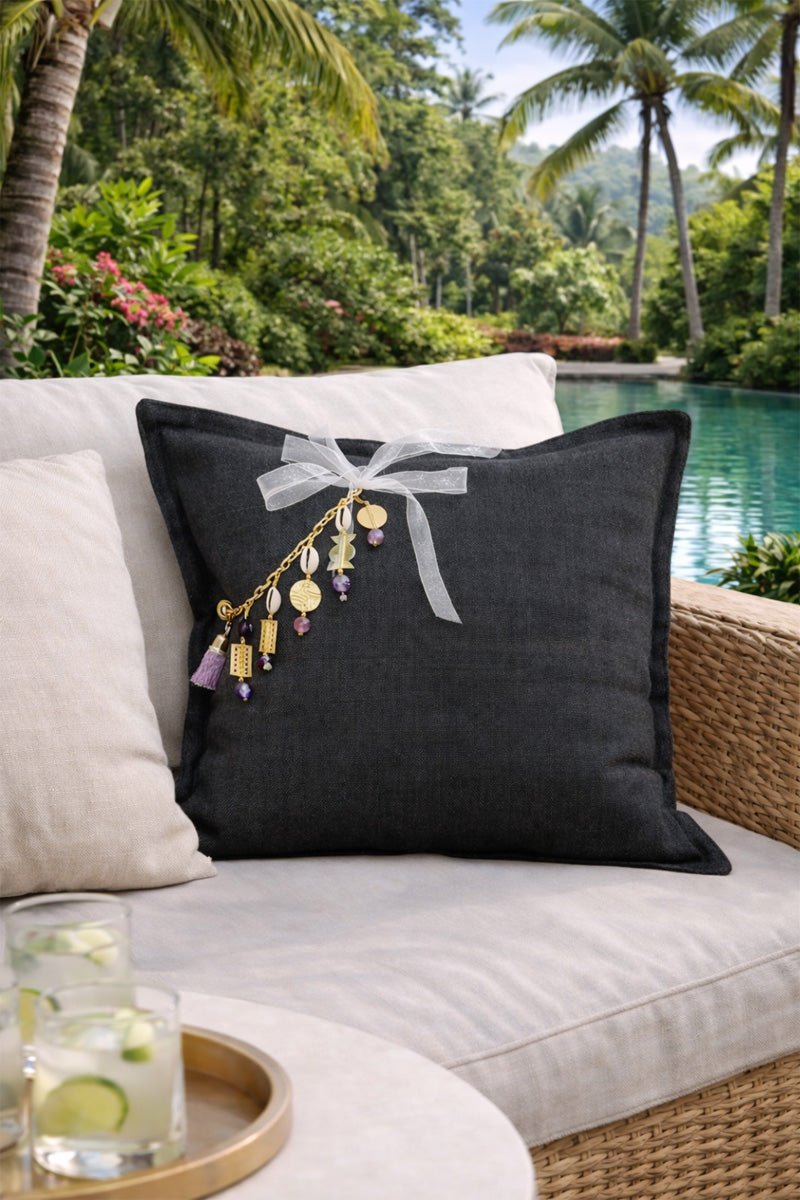 Coussin en lin lourd gris 50x50 cm – Bohème chic | BALI No 13 - MIYA