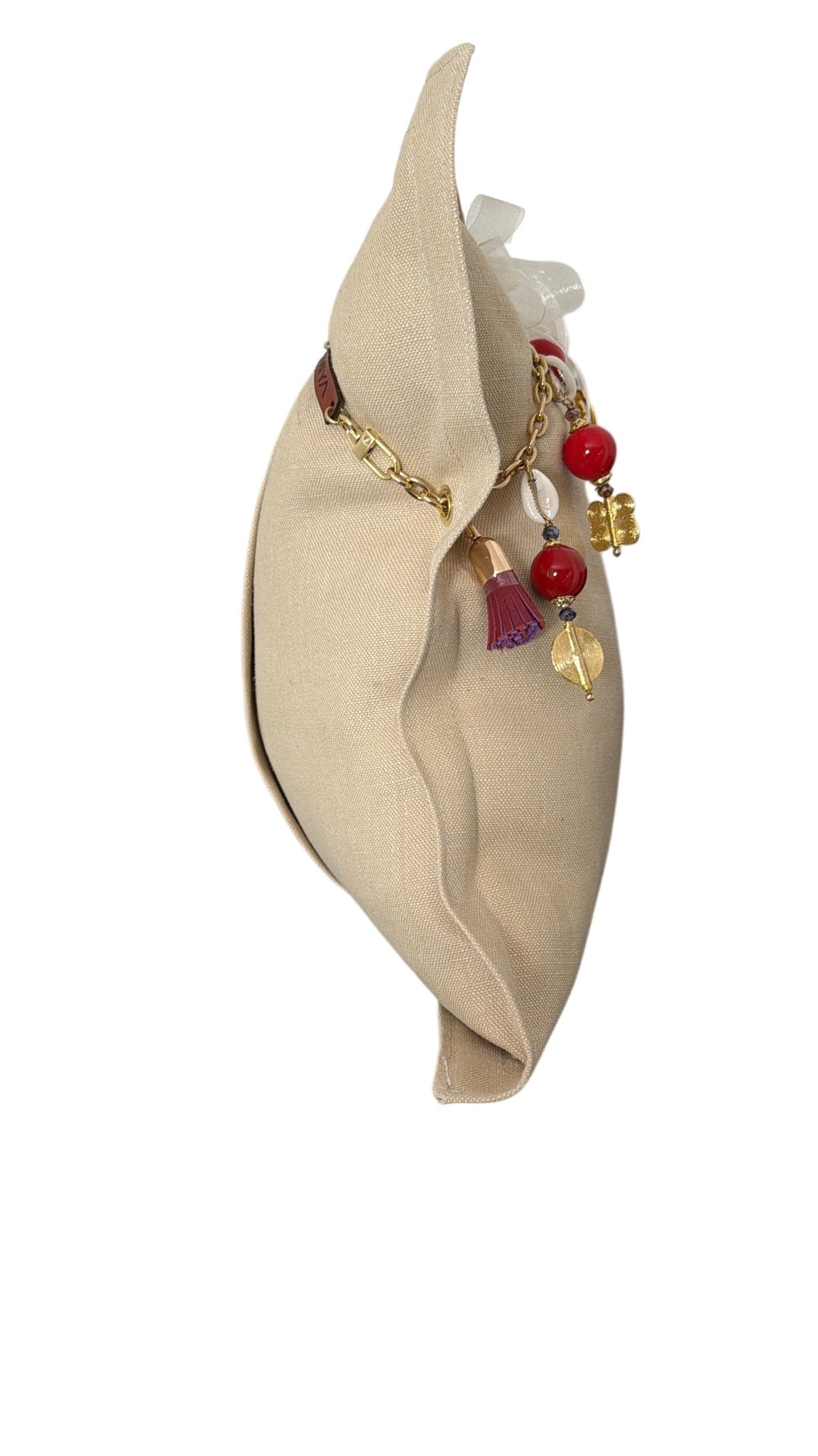 Coussin décoratif en lin lourd khaki 50x50 cm avec pampille artisanale MIYA Zanzibar No.53, VUE PROFIL