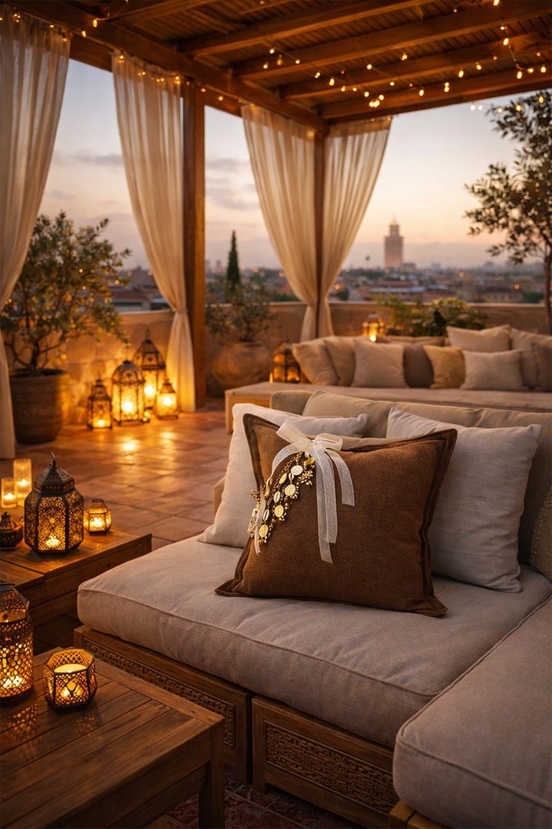 Coussin en lin brun posé sur une assise aux tons neutres, sur un rooftop à Marrakech