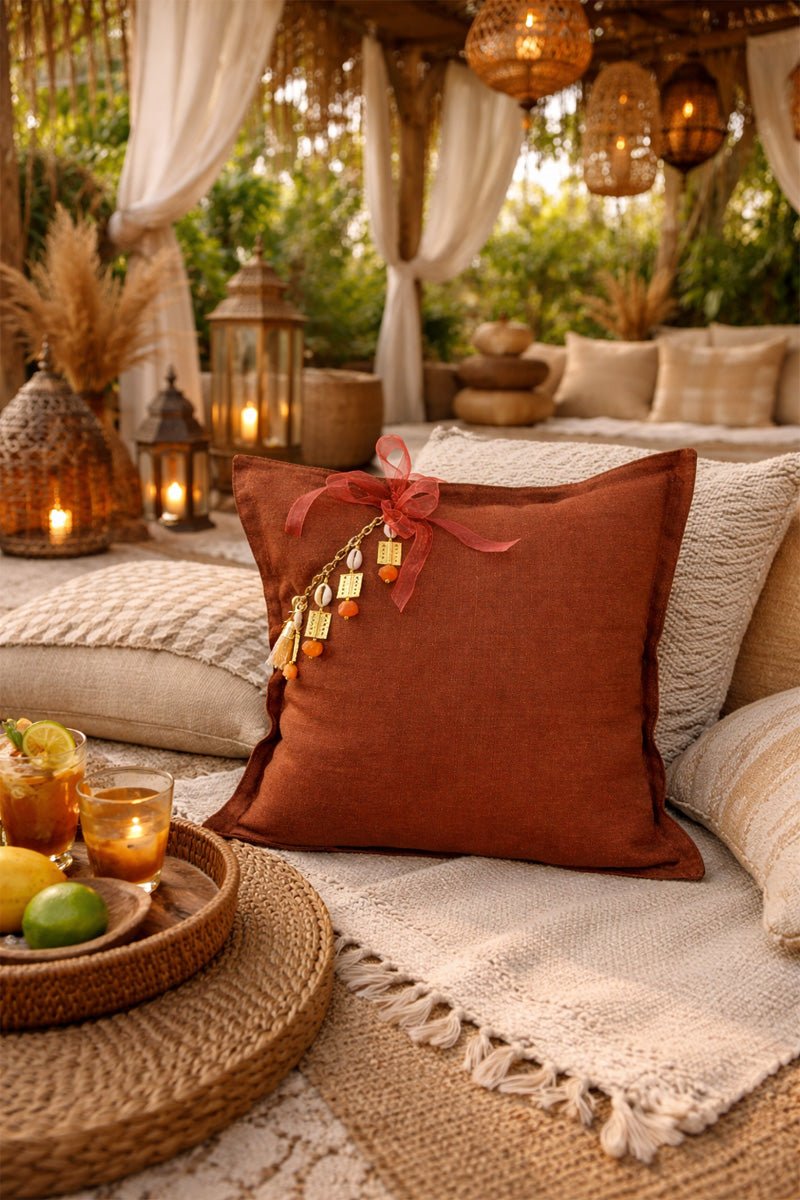 Coussin en lin lourd marron rouille 50x50 cm – Bohème chic | MARRAKECH No.15 - MIYA