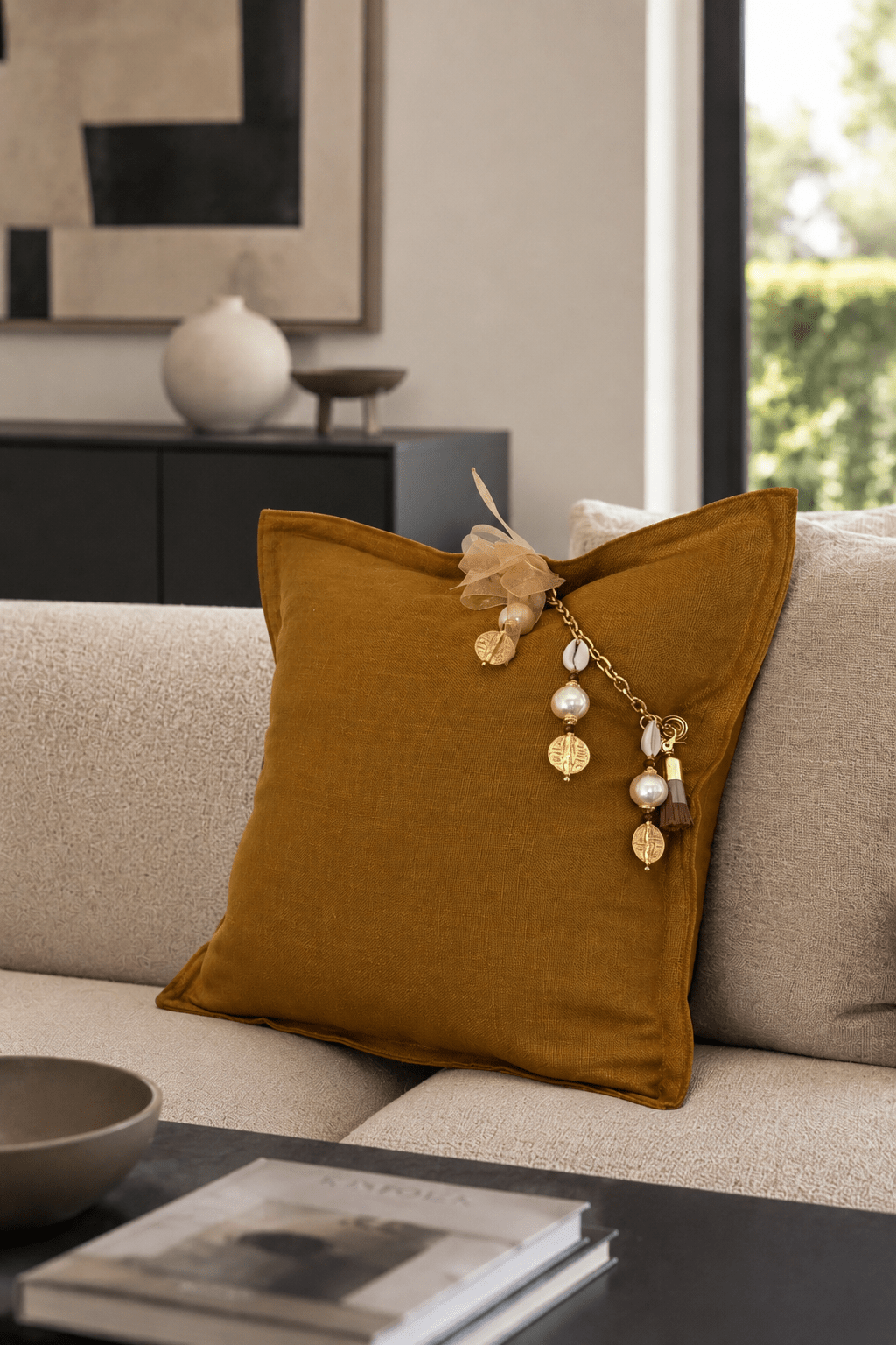 Coussin MIYA en lin moutarde sur canapé contemporain beige — pampille artisanale bohème chic.