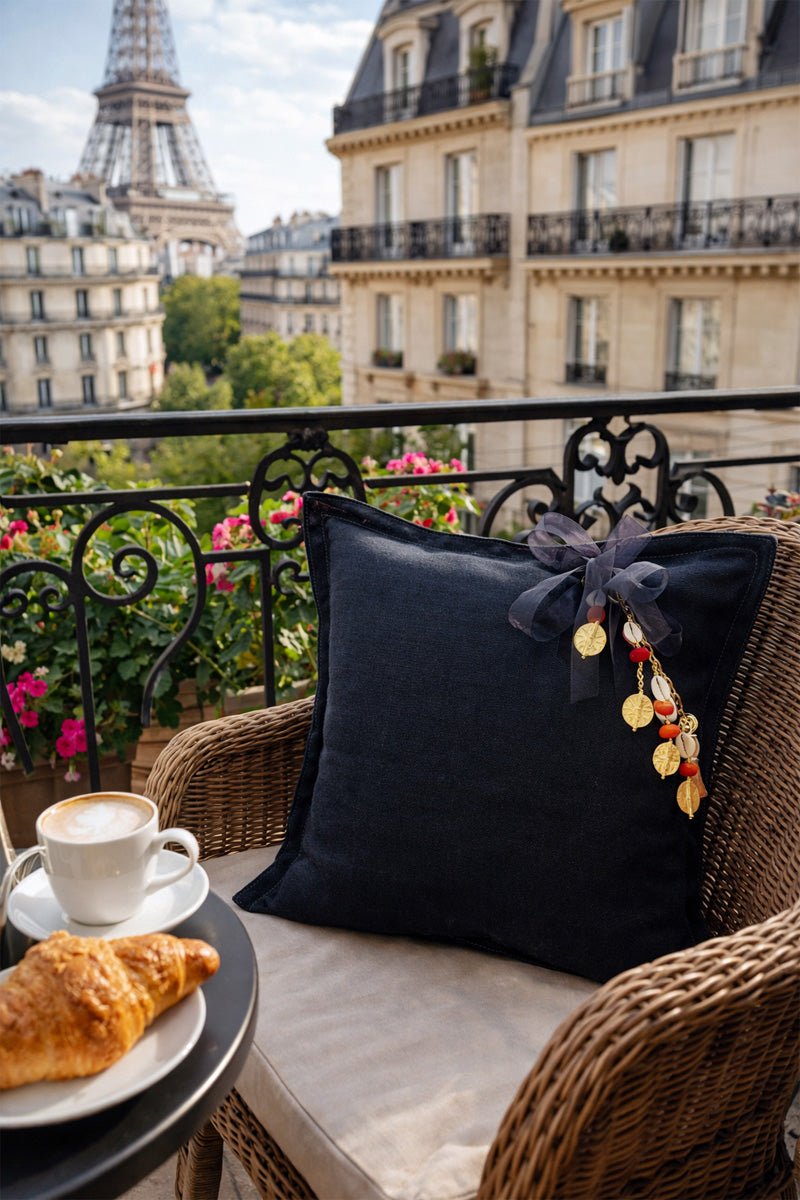 Coussin en lin lourd noir 50x50 cm – Bohème chic | MALIBU No 16 - MIYA