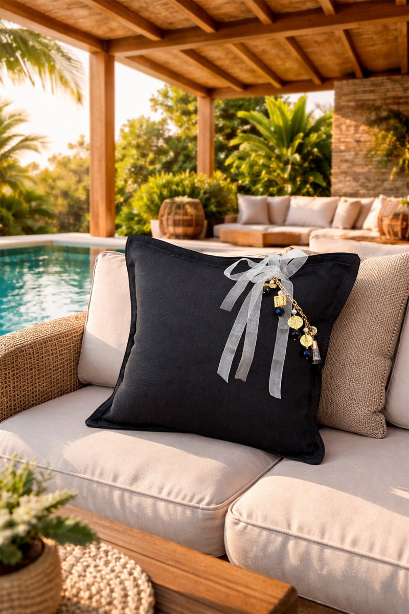 Coussin en lin lourd noir 50x50 cm – Bohème chic | NEGRIL No 10 - MIYA