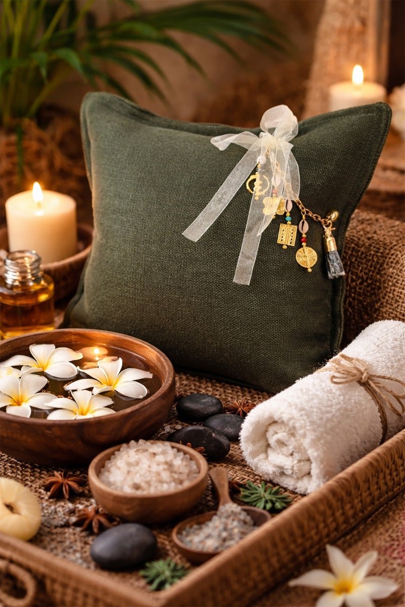 Coussin lin vert olive avec pampille signature ornée de poids Ashanti, ambiance spa bohème – MIYA