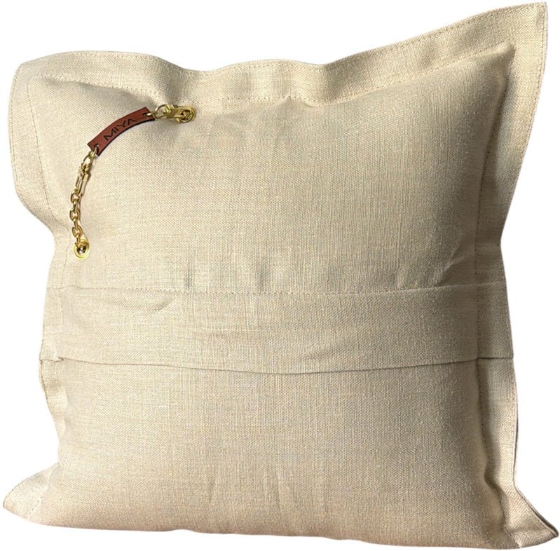 Coussin en lin MIYA vue de dos, pampille jaune poids ashanti