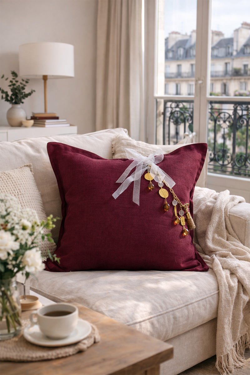 Coussin en lin lourd prune 50x50 cm – Bohème chic | CASABLANCA No.08 - MIYA