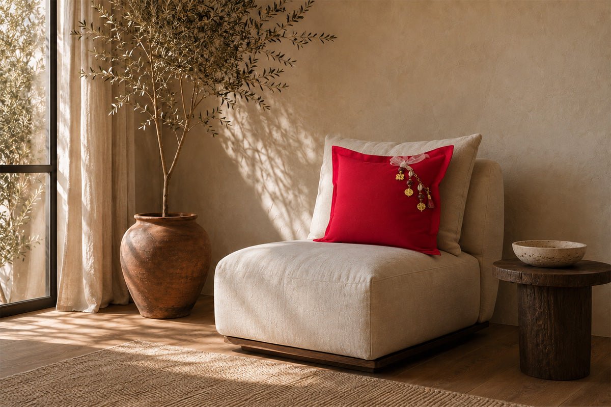 Coussin rouge en lin lourd NEGRIL No.87 dans un intérieur contemporain MIYA
