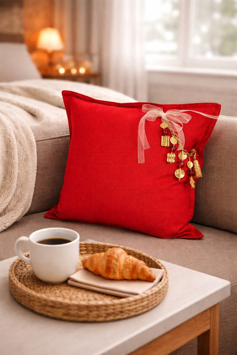 Coussin en lin lourd rouge 50 × 50 cm – Bohème chic | NEGRIL No.04 - MIYA