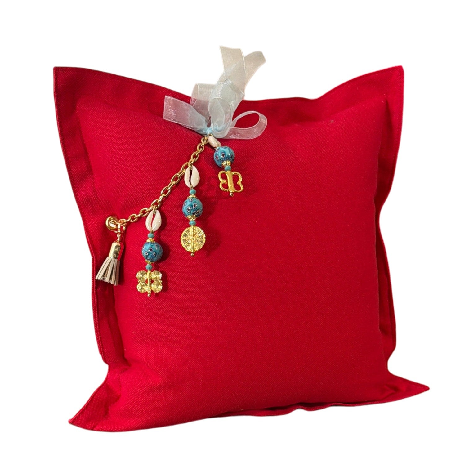 Coussin rouge en lin lourd NEGRIL No.88 avec pampille signature MIYA