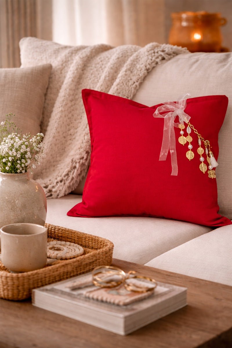 Coussin en lin lourd rouge 50 × 50 cm – Bohème chic | ZANZIBAR No.03 - MIYA