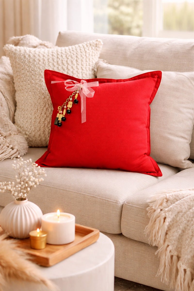 Coussin en lin lourd rouge 50x50 cm – Bohème chic | TULUM No.02 - MIYA