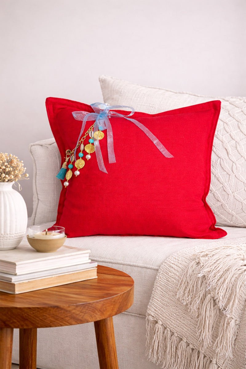 Coussin en lin lourd rouge 50x50 cm – Bohème chic | SIERRA No.01 - MIYA