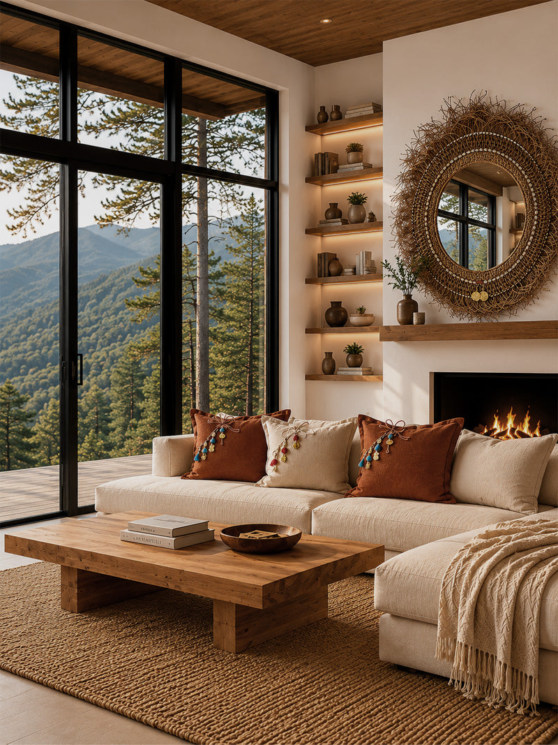 MIYA handmade linen cushions in a contemporary mountain living room with teak coffee table and panoramic forest view.